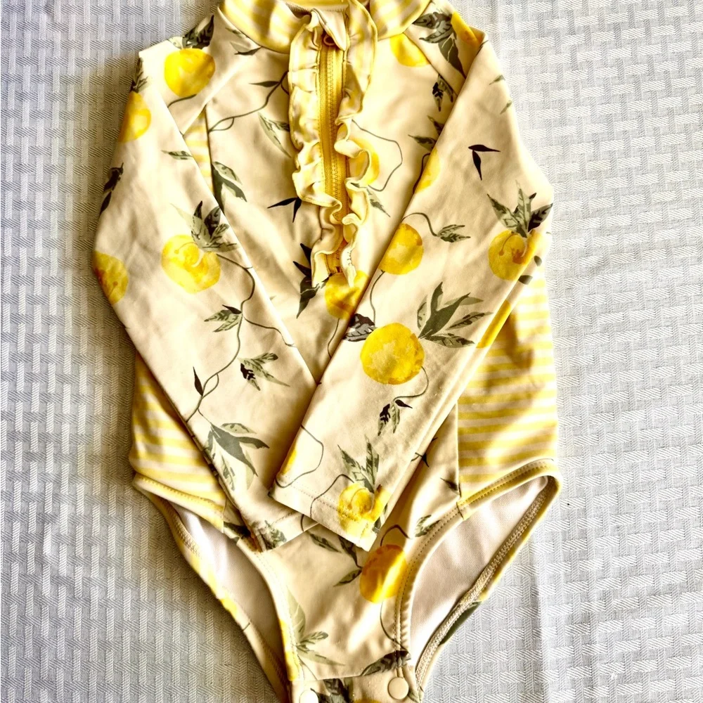 Jessica Simpson Toddler Girl Lemon Print Ruffle Rash Guard‎ Swimsuit Yellow 24M